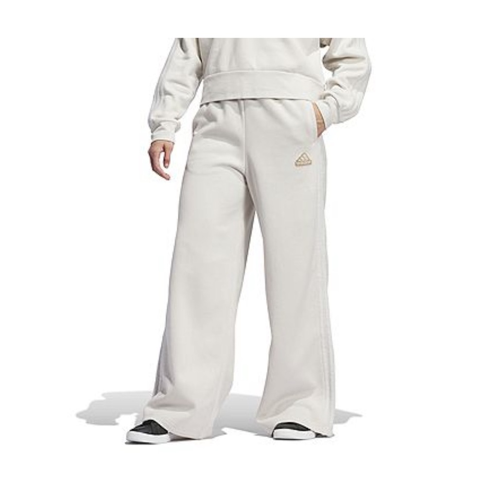 adidas Cream Wide-Leg Sweatpants with Gold Trefoil
